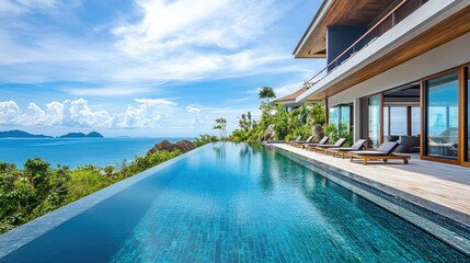 Fototapeta premium Beautiful seaside villa with an infinity pool and ocean horizon, no people. Open space for copy on the patio.