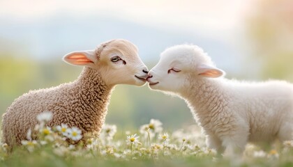Obraz premium Two Lambs Nuzzling in a Field of Daisies