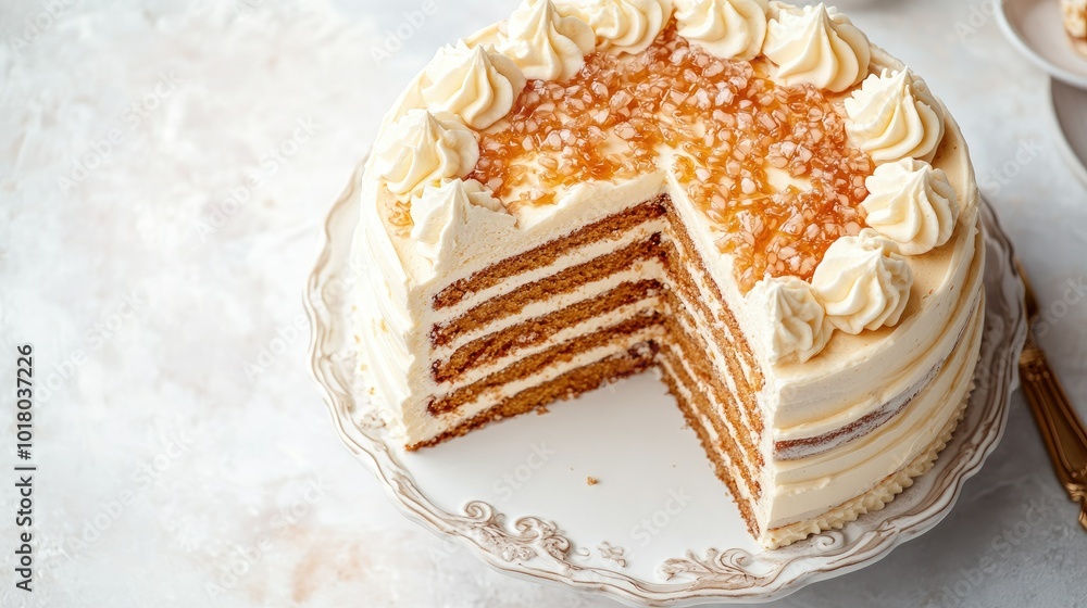Poster caramel layer cake from a top view, showing detailed layers, with copy space on the right side.