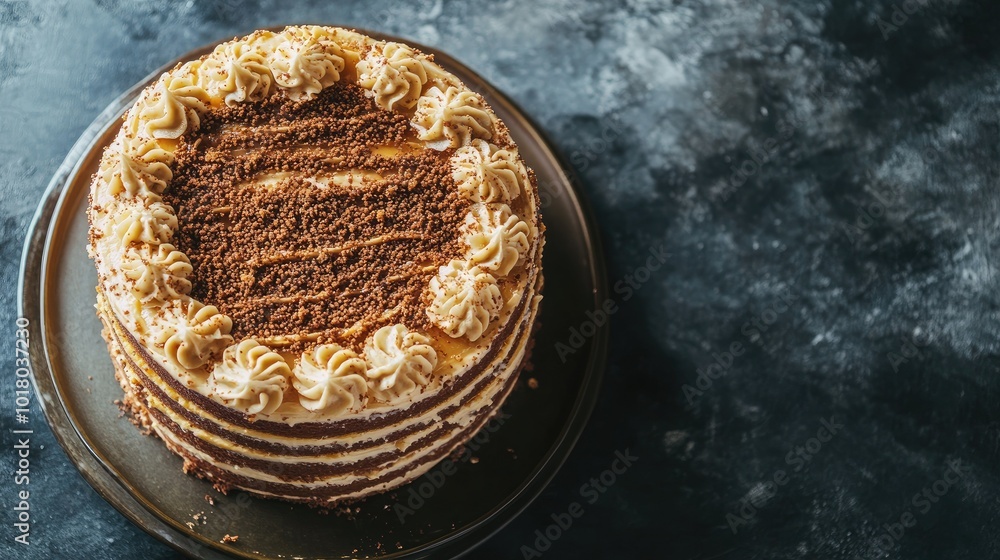 Poster caramel layer cake from a top view, showing detailed layers, with copy space on the right side.