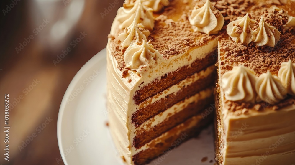 Poster caramel layer cake from a top view, showing detailed layers, with copy space on the right side.