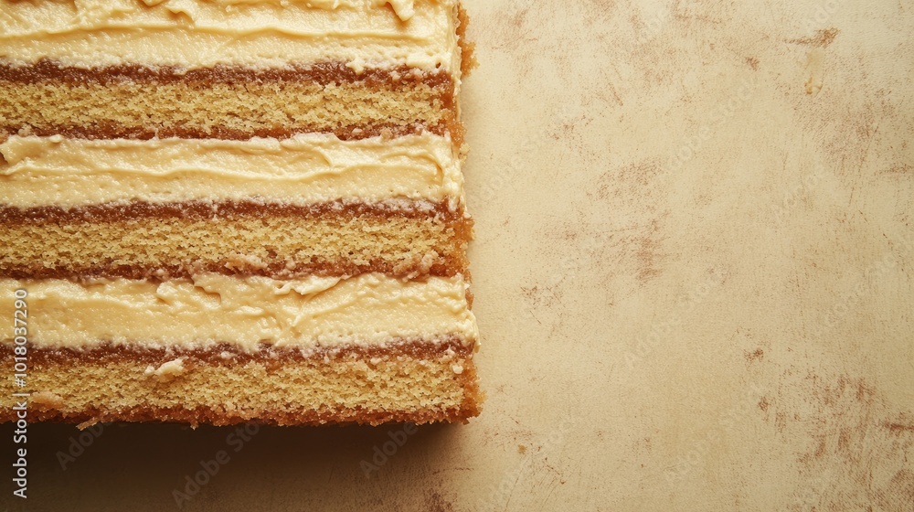Poster caramel layer cake from a top view, showing detailed layers, with copy space on the right side.