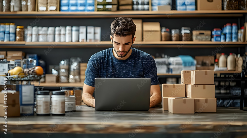 Poster man working on a laptop in a product-filled workspace.