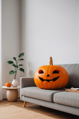 zucca sorridente seduta sul divano di casa. auguri di halloween