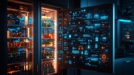 Naklejka premium A futuristic refrigerator with transparent digital interface displays various food items and information. glowing blue and orange lights create modern, high tech atmosphere, showcasing advanced techno