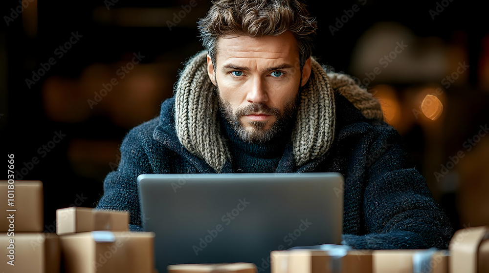 Poster man working on a laptop surrounded by boxes in a cozy setting.