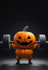 zucca su sfondo scuro fa sollevamento pesi. Halloween e sport