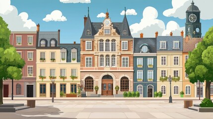 Fototapeta premium Charming European town hall with traditional architecture, no people. Ample room for copy on the fa