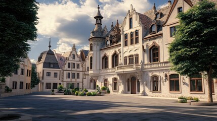 Obraz premium Charming European town hall with traditional architecture, no people. Ample room for copy on the fa