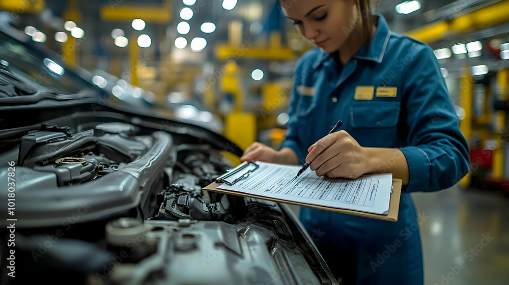 Poster mechanic inspecting a vehicle and taking notes on a clipboard.