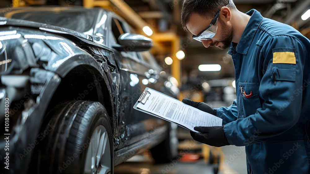 Poster mechanic inspecting a vehicle with a clipboard in a workshop.