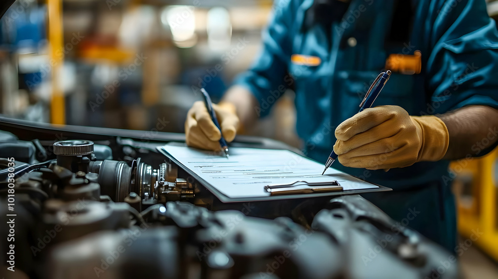 Poster mechanic inspecting a vehicle with a checklist in a workshop.