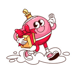 Groovy Christmas ball cartoon character walking with gift to holidays. Funny retro round bauble for Christmas Tree greeting. Toy mascot, cartoon Xmas ball sticker of 70s 80s style vector illustration