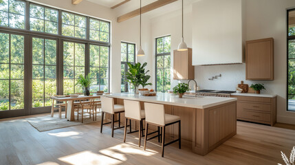 A bright and airy modern kitchen featuring large windows, spacious island, and natural wood accents. inviting atmosphere is enhanced by greenery and stylish decor