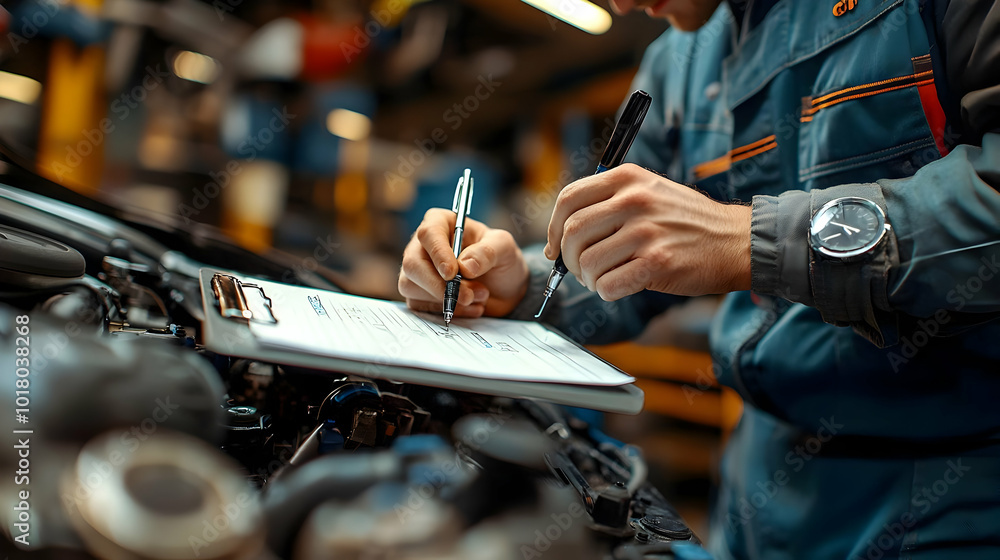 Poster mechanic inspecting vehicle and taking notes on a clipboard.