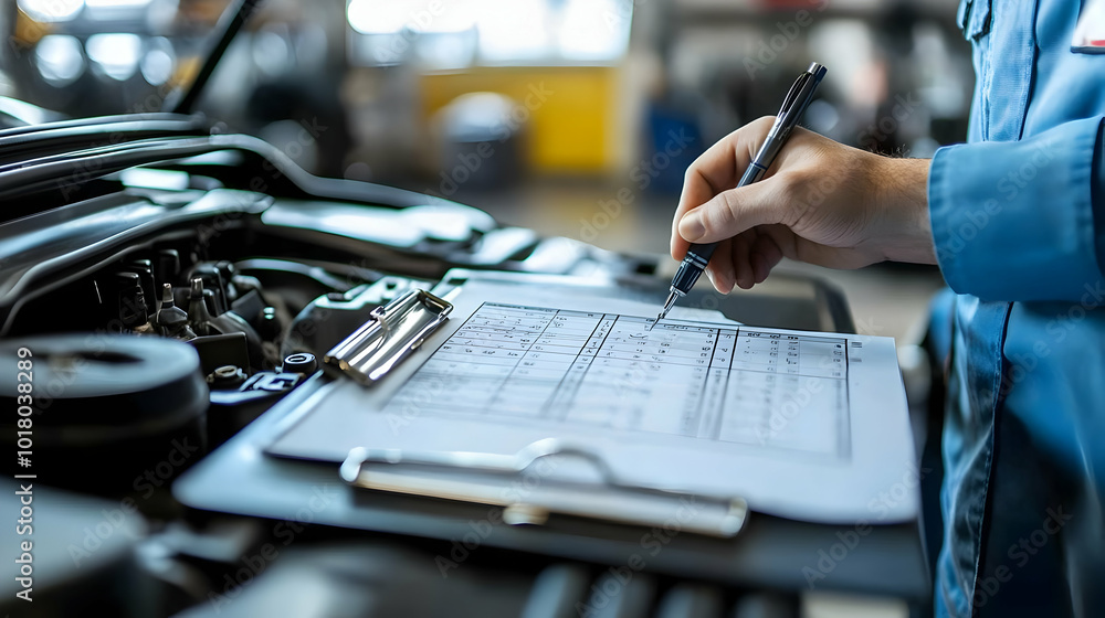 Poster mechanic reviewing a checklist while inspecting a vehicle engine.