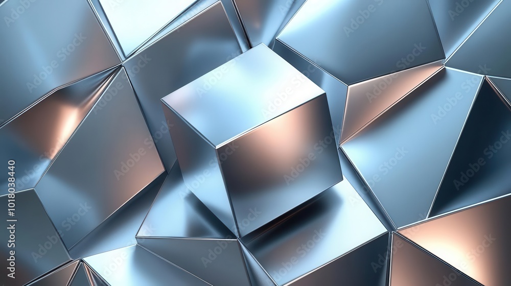 Poster abstract metallic cubes creating a dynamic geometric pattern with reflections and lighting variation