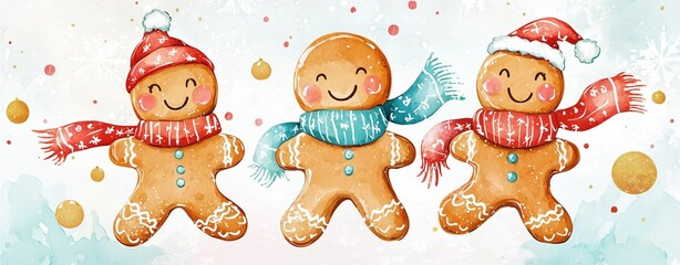 A cheerful illustration of three gingerbread cookies wearing hats and scarves, embodying festive holiday spirit.