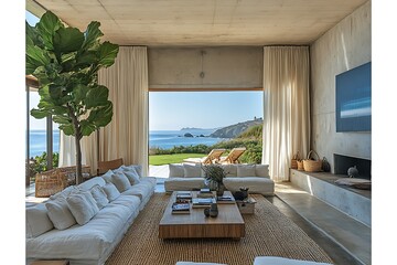 Fototapeta premium Modern living room with ocean view and natural light.