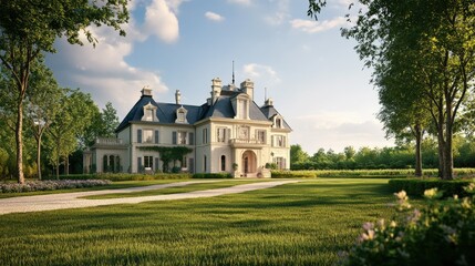 Classic European manor house, no people. Plenty of copy space on the surrounding landscape.
