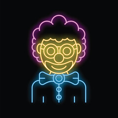 Neon sign representing the portrait of a smiling clown with a funny wig and a bow tie, ideal for promoting circus or amusement park shows