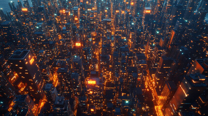 Fototapeta premium A vibrant cityscape at night, showcasing dense array of illuminated skyscrapers and buildings, creating mesmerizing urban glow. scene captures energy and complexity of bustling metropolis