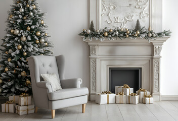 the interior of a white room with a fireplace, Christmas trees with artificial snow and garlands, a sofa, a plaid with pillows, lanterns, white boxes with New Year's gifts, a fir wreath