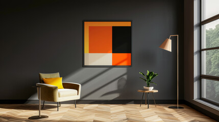A modern living space featuring stylish chair, vibrant artwork, and sleek floor lamp. warm colors and natural light create cozy atmosphere, perfect for relaxation