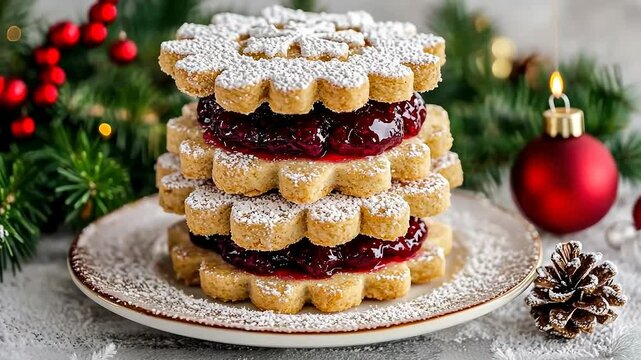 Christmas linzer tart cookies stack with berry jam powdered sugar