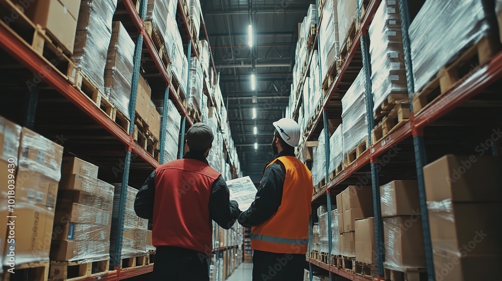 Poster Warehouse Workers Inspecting Inventory in Industrial Setting