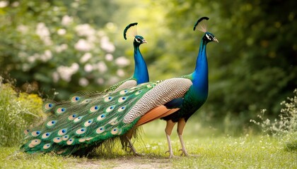 Majestic Peacocks in a Lush Garden © ZeNDaY