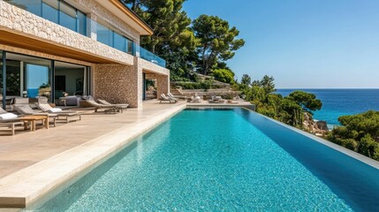 Fototapeta premium Contemporary beach villa with a large swimming pool overlooking the sea, no people. Copy space available.