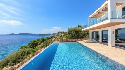 Fototapeta premium Contemporary beach villa with a large swimming pool overlooking the sea, no people. Copy space available.