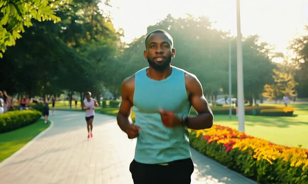 Sudanese Man Jogging in Park While Listening to Music