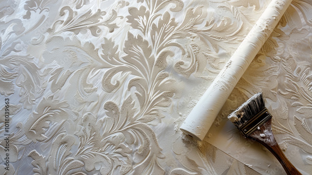 Poster A person works on installing decorative wallpaper, using a brush and a roller in a stylish room, showcasing intricate patterns. Generative AI