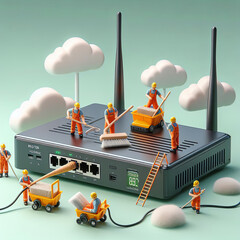 conceptual image depicting a team of sweepers cleaning the router of a computer's hardware