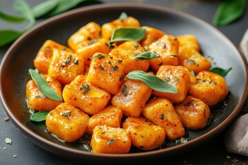 plate of pumpkin gnocchi with sage butter sauce, a cozy autumn comfort food concept banner looks delicious
