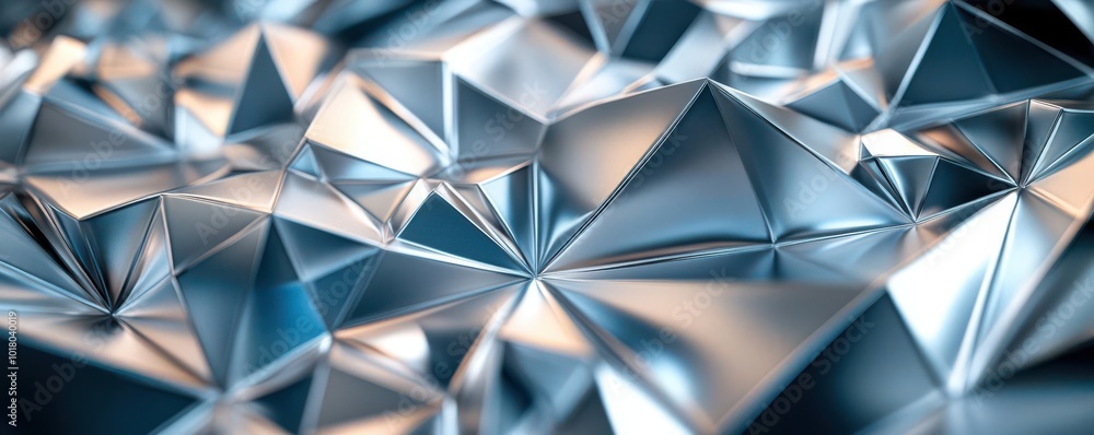 Poster an abstract close-up image of shiny metallic pyramids reflecting light in an intriguing pattern.