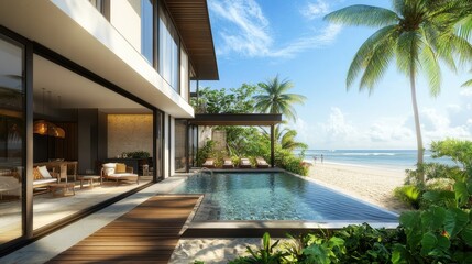 Fototapeta premium Elegant beach villa with a private pool and beachfront access, no people. Open space for text in the sky.