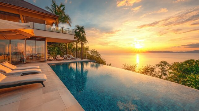 Elegant beach villa with a sparkling pool and sunset view, no people. Plenty of room for text.