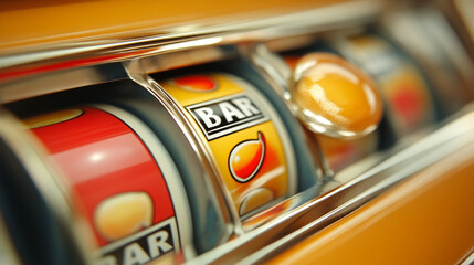 A close up view of colorful slot machine showcasing vibrant fruit symbols and classic BAR icon, evoking excitement and anticipation in casino setting