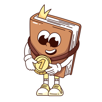 recommend clip art: Groovy book cartoon character with gold medal for first place. Funny retro smart textbook with bookmark and brown cover. Quiz, win mascot, cartoon book sticker of 70s 80s style vector illustration