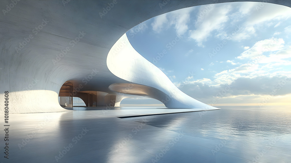 Poster modern architectural design with flowing forms and serene water.