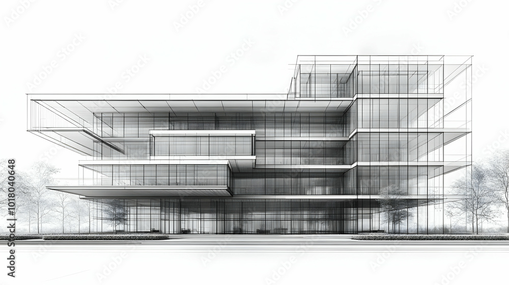 Poster modern architectural design with glass and layered structures.