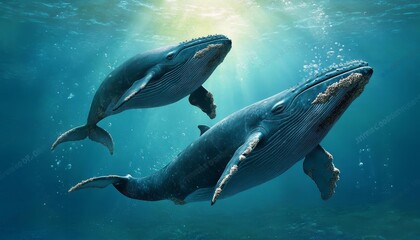 Fototapeta premium Humpback Whales Swimming Underwater