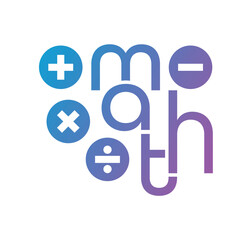 math logo math and four operation symbols. addition, subtraction, multiplication and division symbols and math
