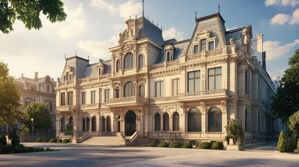 Naklejka premium Elegant European embassy building with intricate design, no people. Plenty of room for text in the surroundings.