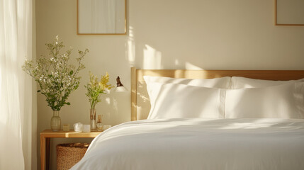 A serene bedroom featuring cozy bed with white linens, complemented by fresh flowers in vases and soft natural light filtering through sheer curtains, creating peaceful atmosphere