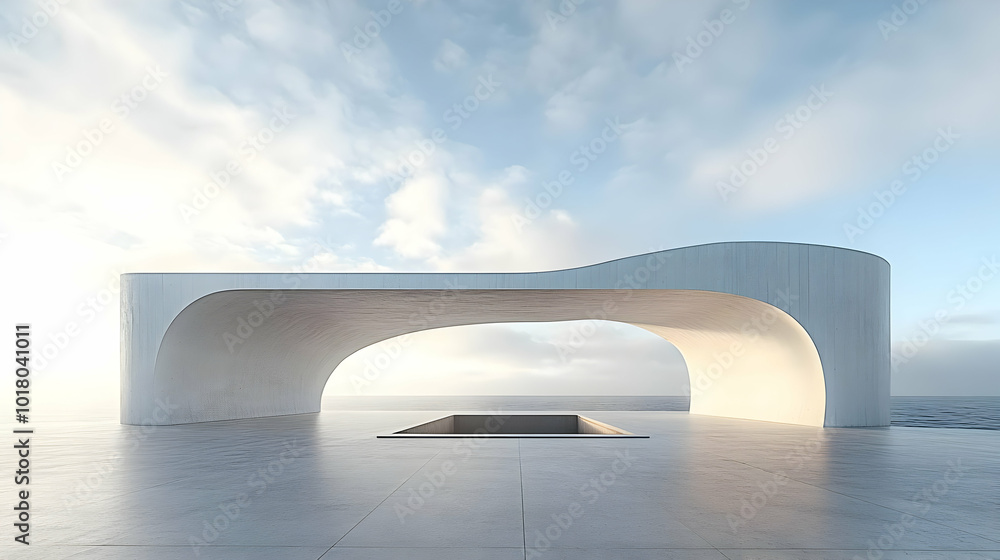 Poster modern architectural structure with a serene water feature.