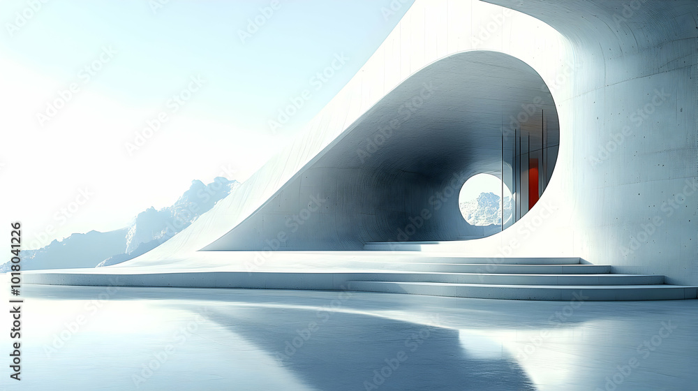 Poster modern architectural structure with smooth curves and serene surroundings.